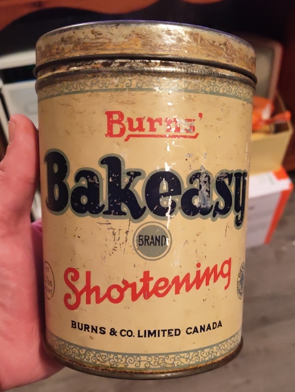 Burns' Bakeasy Shortening Tin - Vintage Yellow & Red